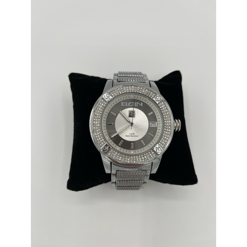 Elgin mens luxury Silver tone Watch With Crystals FG160032